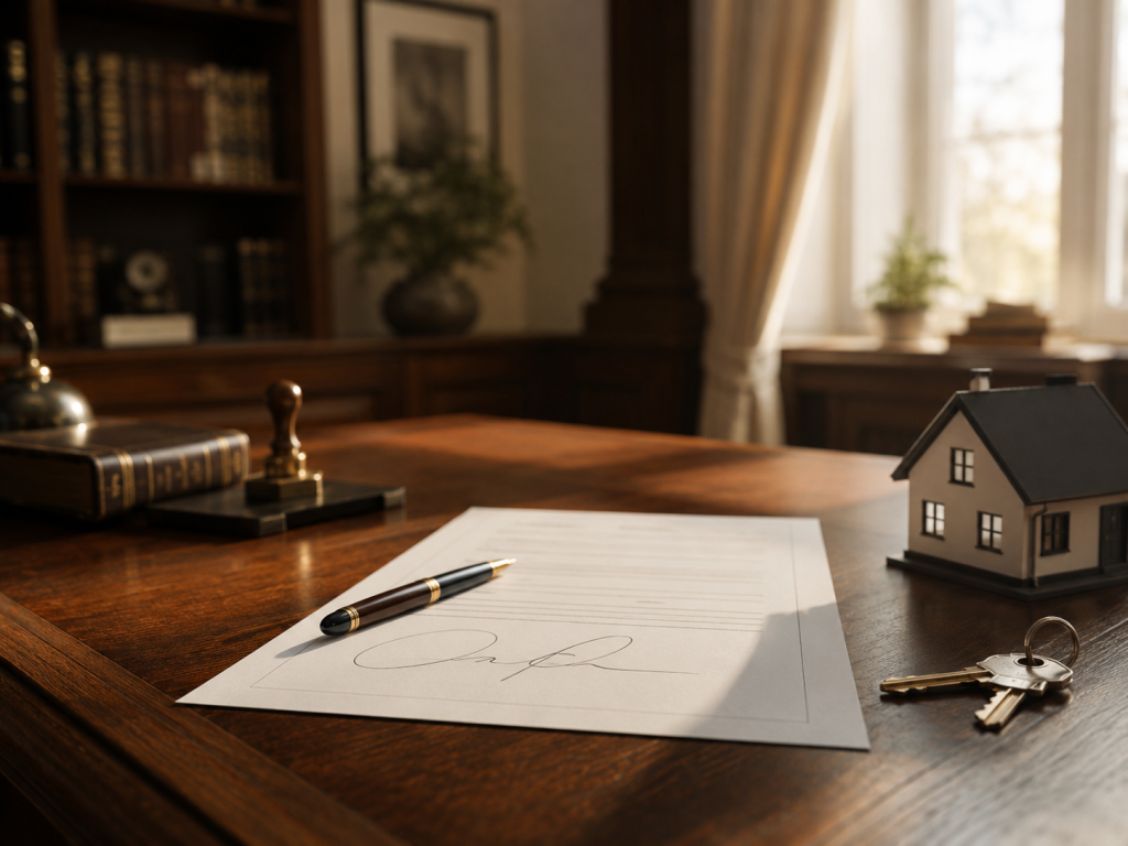 Signature d'un contrat immobilier chez le notaire avec maquette de maison et clés