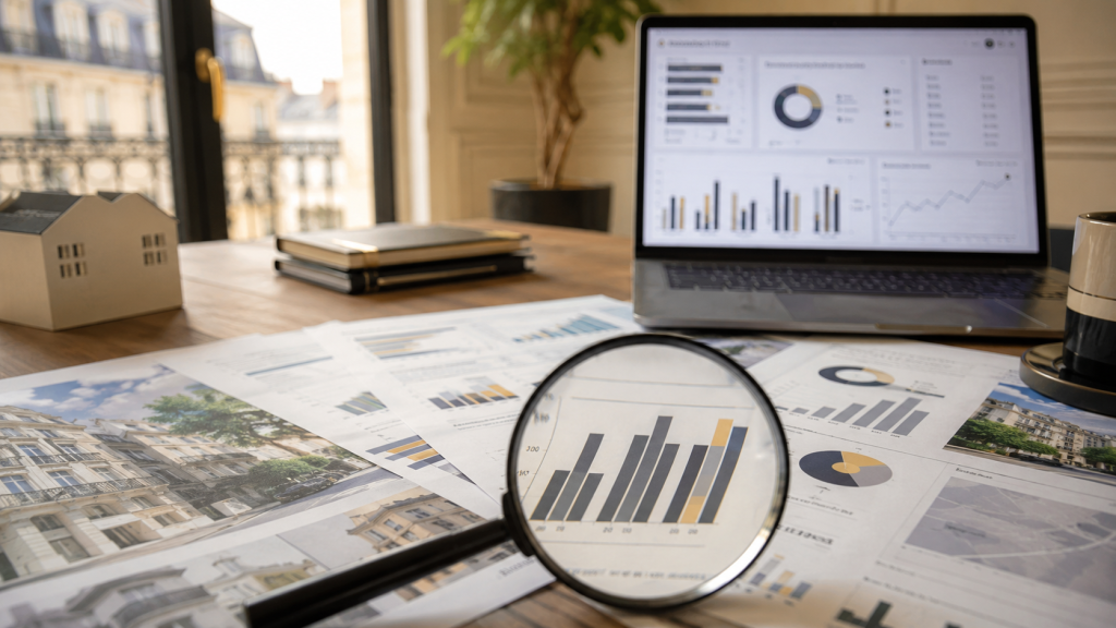 Analyse comparative de graphiques d'investissement immobilier avec loupe