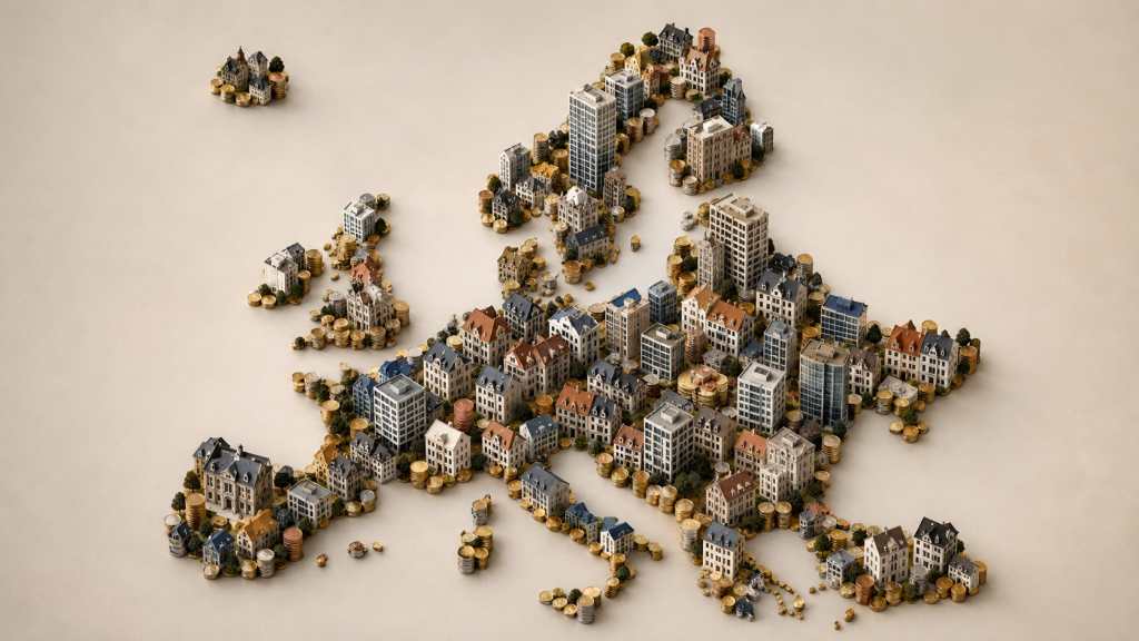 Carte de l'Europe miniature composée de bâtiments et pièces, investissement diversifié